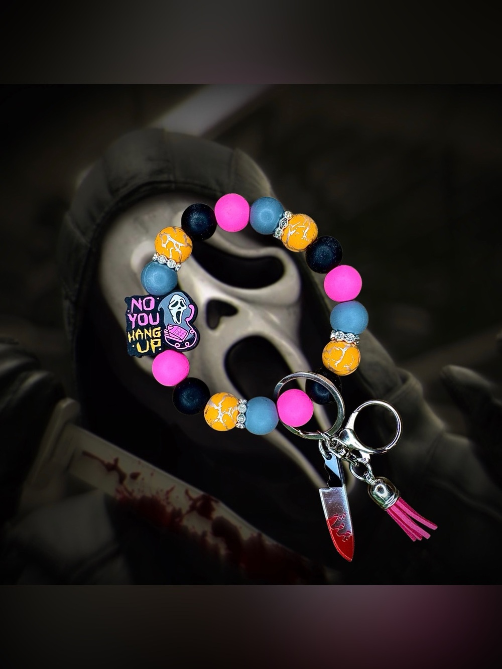 Ghost Face ‘No You Hang Up’ Horror-Themed Beaded Wristlet Keychain
